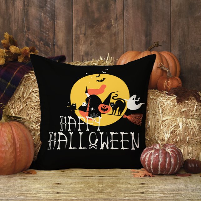 Fun Black Witch Pumpkin Happy Halloween Throw Pillow (Creator Uploaded)