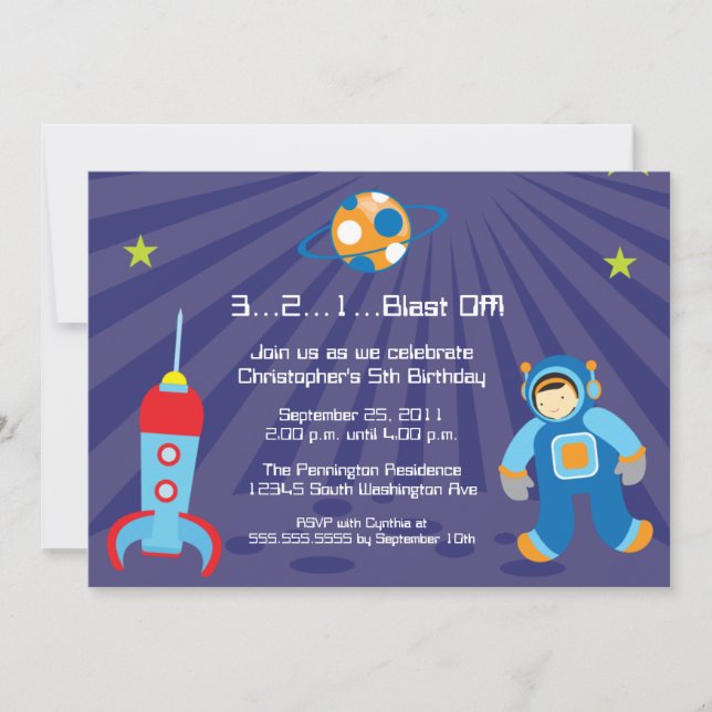 Fun blast off spaceship boys birthday party invite (Front)