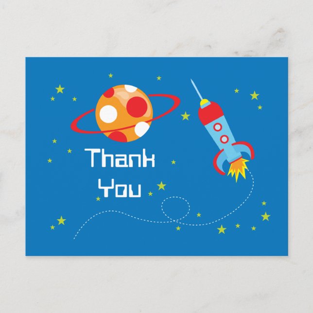 Fun blast off spaceship boys thank you postcard (Front)
