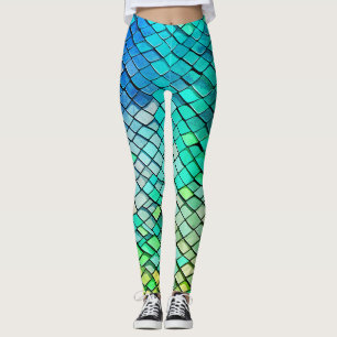 Fun Blue Abstract Geometric Mermaid Scales Pattern Leggings
