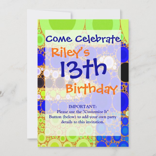 Fun Blue Alligator Crocodile Retro Circles Mosaic Invitation (Front)