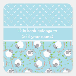 Fun Blue and White Bookplates with Comic Sheep Square Sticker