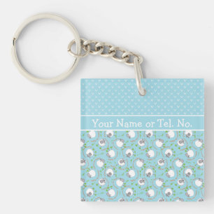 Fun Blue and White Custom Keychain, Comic Sheep Keychain