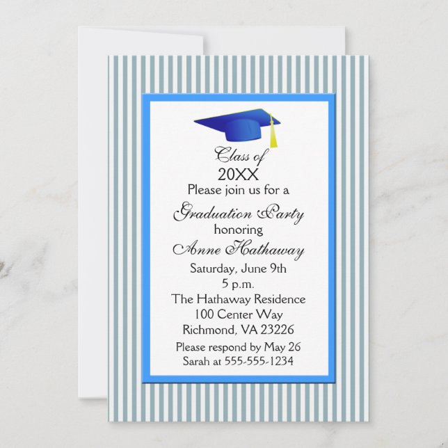 Fun Blue And White Stripe Graduation Party Invitation (Front)