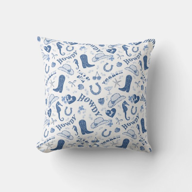 Fun Blue Coastal Cowgirl Pattern Throw Pillow (Front)