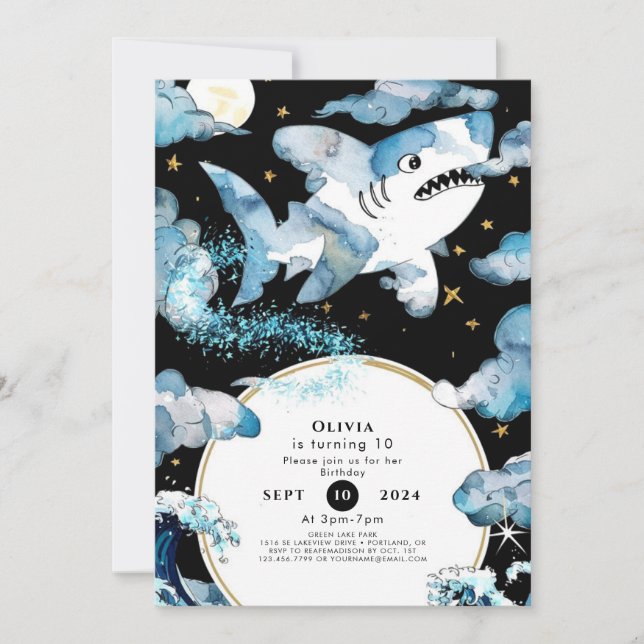 Fun Blue Editable Shark Birthday Invitation (Front)