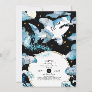 Fun Blue Editable Shark Birthday Invitation