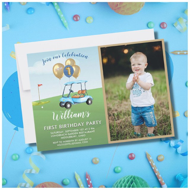 Fun Blue Golf Cart Photo First Birthday Boy Invitation (Creator Uploaded)