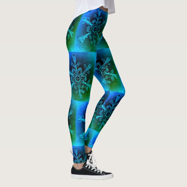 Fun Blue Green Tie Dye Snowflake Motif Leggings (Droite)