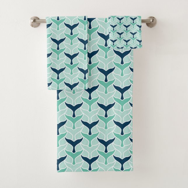 Fun blue green white whale tail or mermaid tail bath towel set (Insitu)