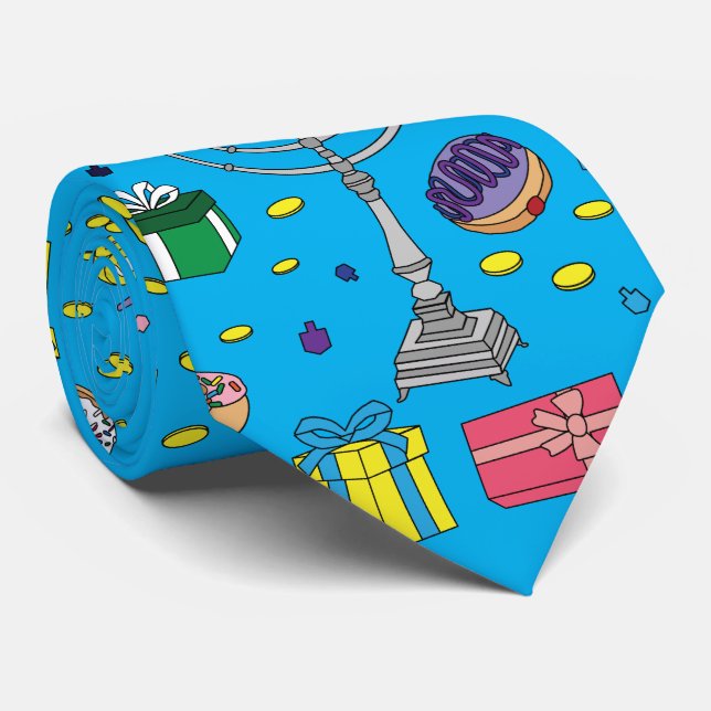Fun Blue Hanukkah Larger Pattern  Tie (Rolled)