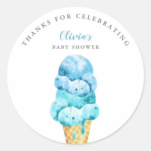 Fun Blue Ice Cream Baby Shower Favour Classic Round Sticker (Front)
