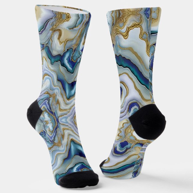 Fun Blue Mix Marbled Agate Mineral Sliced Stone  Socks (Angled)