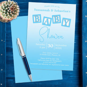 Fun Blue Ombre BABY Boy Blocks Shower Invitation