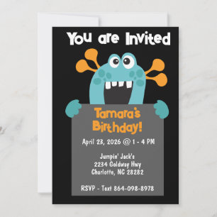 Fun Blue Orange Monster Birthday Party Invitation