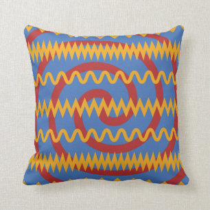 Fun Blue Orange Swirls and Chevron Zigzags Pattern Throw Pillow