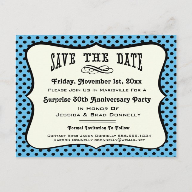 Fun Blue Polka Dot Party or Reunion Save the Date Announcement Postcard (Front)