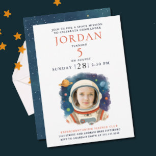 Fun Blue Red Astronaut Galaxy Cosmic Space Photo Invitation