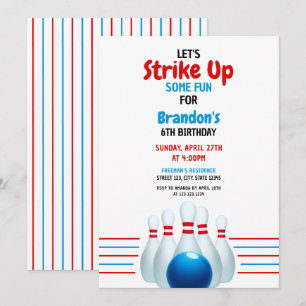 Fun Blue & Red Bowling Kids 6th Birthday Invitation
