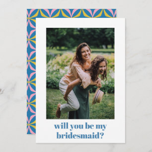 Fun Blue Retro Pattern Bridesmaid Proposal Card