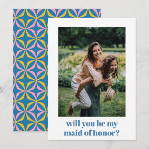 Fun Blue Retro Pattern Maid of Honour Proposal Card