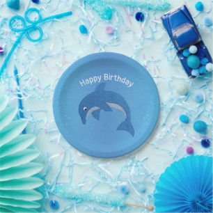 Fun Blue Sparkle Like Dolphin Jumping Birthday Paper Plate