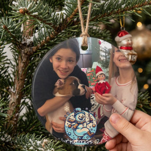 FUN BLUE&WHITE add your PHOTO SNOWMAN Glass Ornament