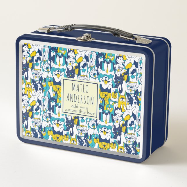 Fun Blue Yellow Dogs Pattern Personalized Name Metal Lunch Box (Front)