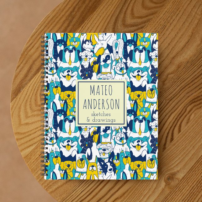 Fun Blue Yellow Dogs Pattern Personalized Name Notebook (Creator Uploaded)