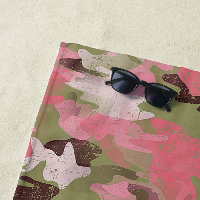 Fun Blush Pink Military Green Camouflage Pattern Beach Towel (In Situ)