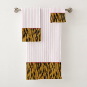Fun Blush Pink Stripes & Tigerprint Bath Towel Set