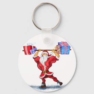 Fun Bodybuilder Santa Claus with Christmas Gifts Keychain