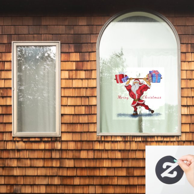 Fun Bodybuilder Santa Claus with Christmas Gifts Window Cling (Home Window)
