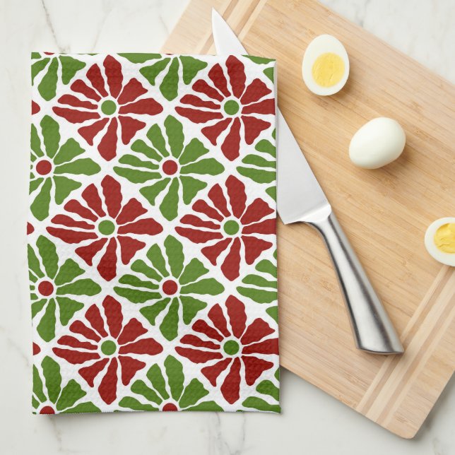 Fun Boho Christmas Hand Drawn Poinsettia Flowers  Kitchen Towel (Quarter Fold)