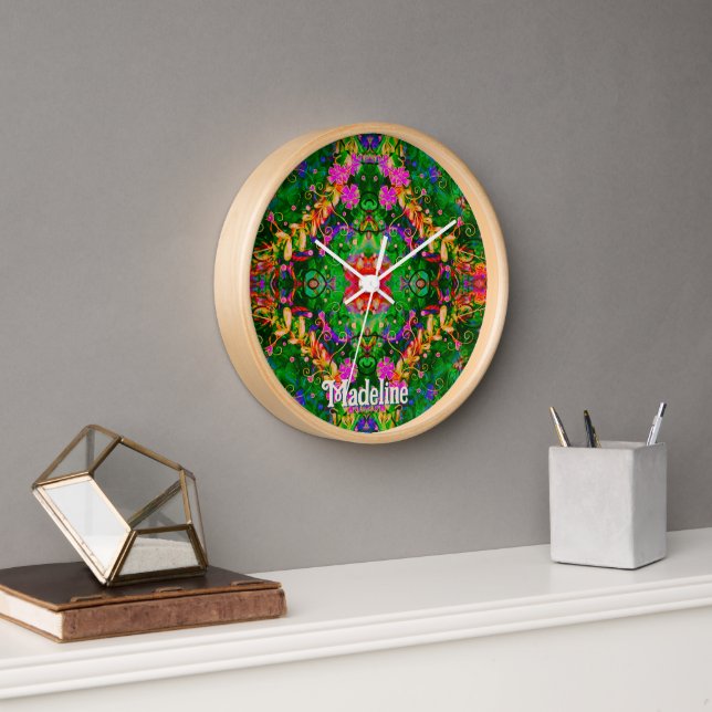 Fun Boho Green Name Personalized Inspirivity Clock (Office)