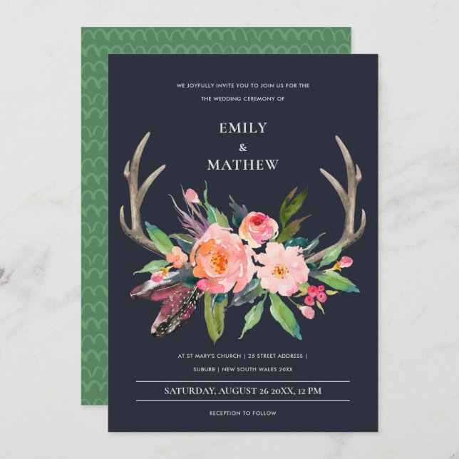 FUN BOHO NAVY BLUSH ANTLER FLORAL COUNTRY WEDDING INVITATION (Front/Back)