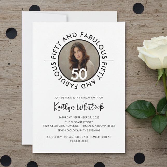 Fun Bold Minimal Fifty and Fabulous 50th Birthday Invitation (modern fifty and fabulous 50th birthday party invitation with bold typography and elegant script)