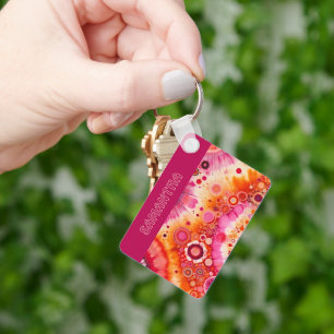 Fun Bold Orange Hot Pink Batik Circles Art Pattern Keychain
