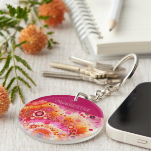 Fun Bold Orange Hot Pink Batik Circles Art Pattern Keychain