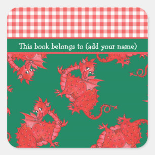 Fun Bookplates to Personalize: Cute Red Dragon Square Sticker