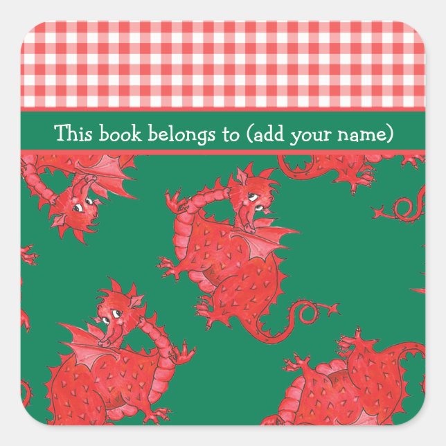 Fun Bookplates to Personalize: Cute Red Dragon Square Sticker (Front)