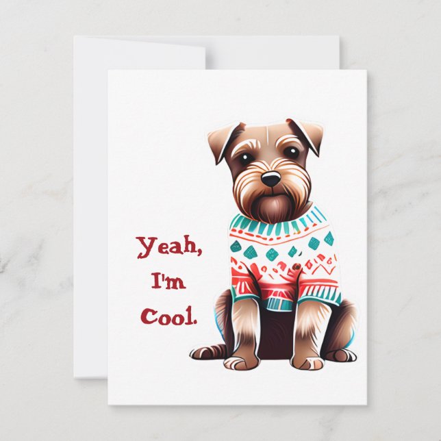 Fun Border Terrier in Ugly Sweater Christmas Card (Front)