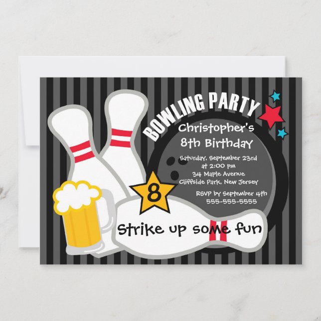 Fun Bowling Boys Birthday Party Invitations (Front)