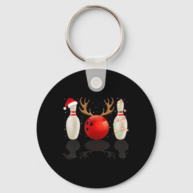 Fun Bowling Christmas  Santa Hat Xmas Lights Gift Keychain (Front)