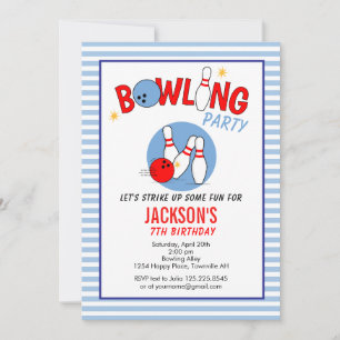 Fun Bowling Party Birthday Invitation BLUE RED