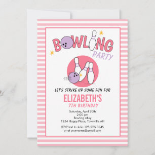 Fun Bowling Party Birthday Invitation PINK