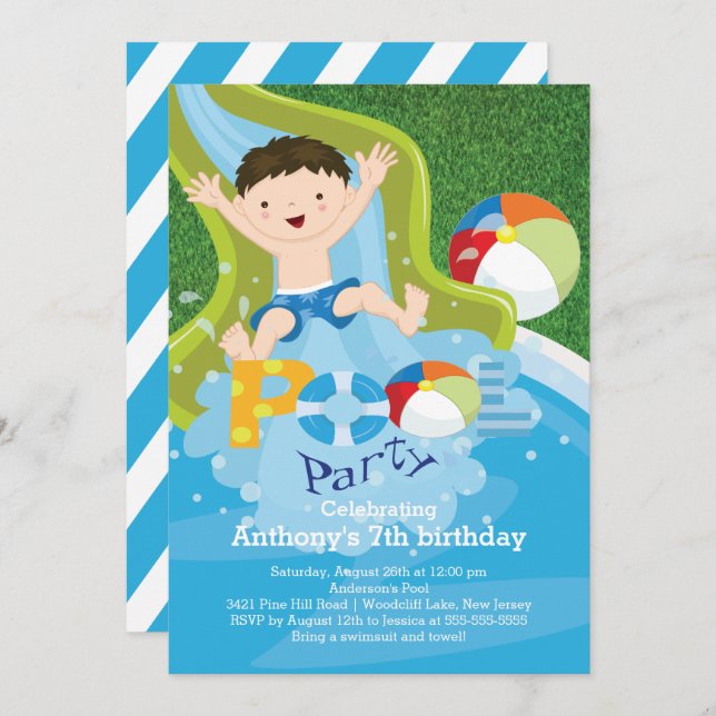 Fun Boy Pool Birthday Party Invitation (Front/Back)