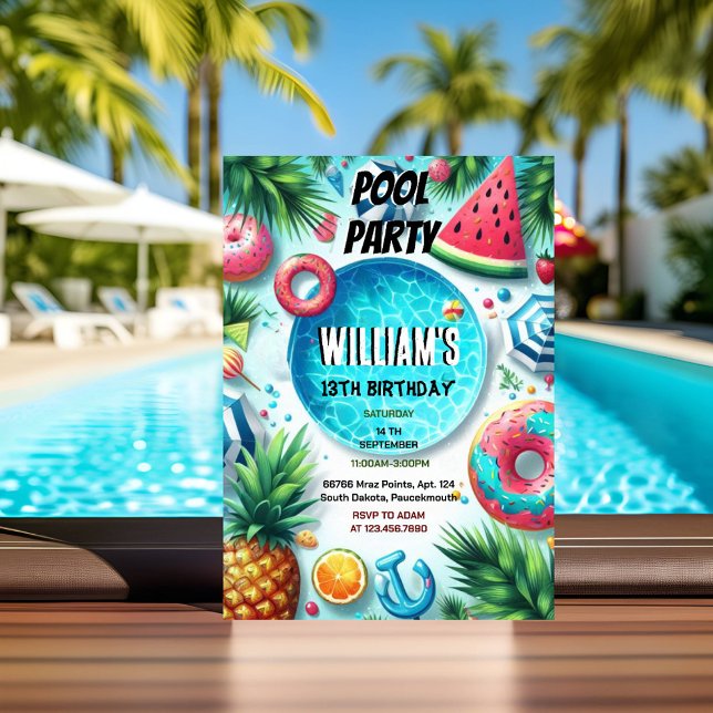 fun boy water blue Cool Pool Party 13th Birthday Invitation (Creator Uploaded)