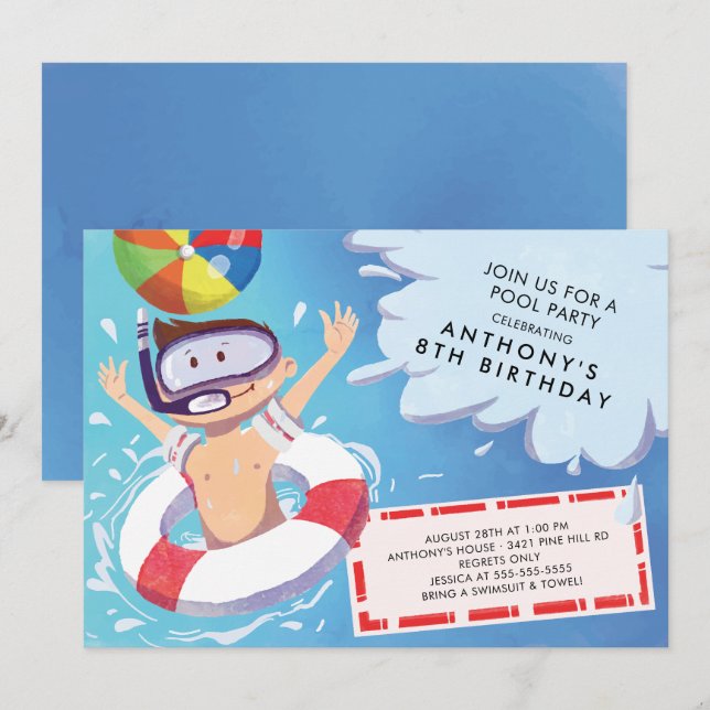 Fun Boys Pool Party Invitation (Front/Back)