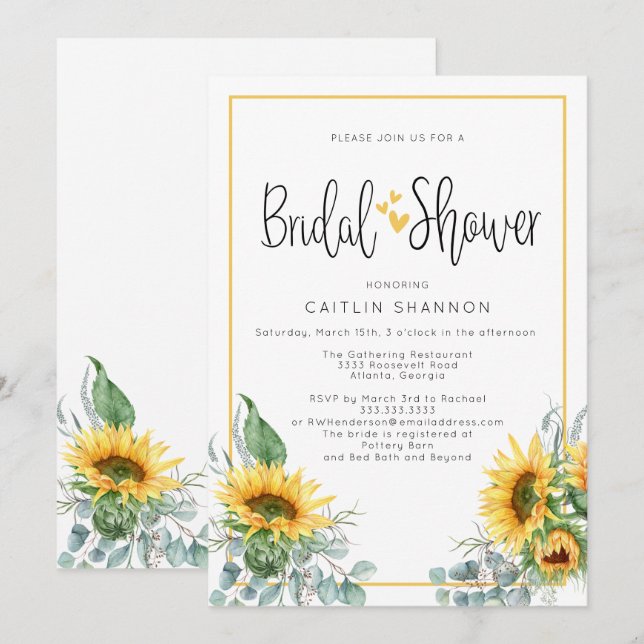 Fun Bridal Shower Sunflower with Yellow Hearts Invitation (Front/Back)